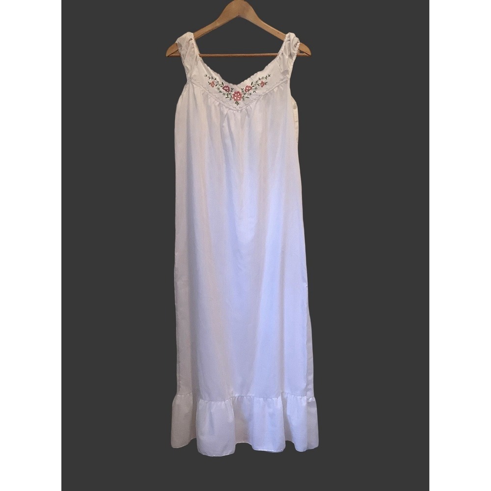 Vintage Katz Long White Cotton Nightgown Embroidered Floral Sheer Gown Praire